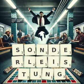 Kreative Illustration für ein Scrabble-Spiel, bei dem das Wort SONDERLEISTUNG mit Steinen auf dem Brett gelegt wurde.