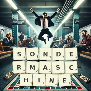 Kreative Illustration für ein Scrabble-Spiel, bei dem das Wort SONDERMASCHINE mit Steinen auf dem Brett gelegt wurde.