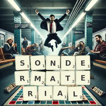 Kreative Illustration für ein Scrabble-Spiel, bei dem das Wort SONDERMATERIAL mit Steinen auf dem Brett gelegt wurde.