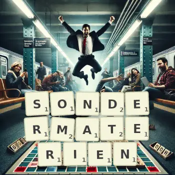 Kreative Illustration für ein Scrabble-Spiel, bei dem das Wort SONDERMATERIEN mit Steinen auf dem Brett gelegt wurde.