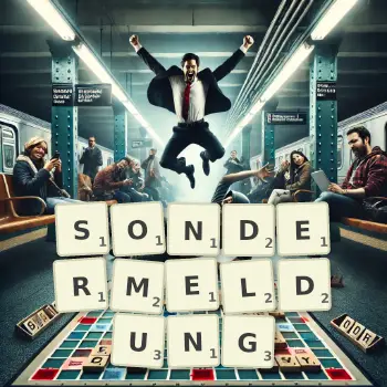 Kreative Illustration für ein Scrabble-Spiel, bei dem das Wort SONDERMELDUNG mit Steinen auf dem Brett gelegt wurde.