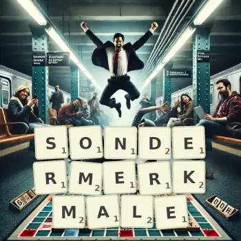 Kreative Illustration für ein Scrabble-Spiel, bei dem das Wort SONDERMERKMALE mit Steinen auf dem Brett gelegt wurde.