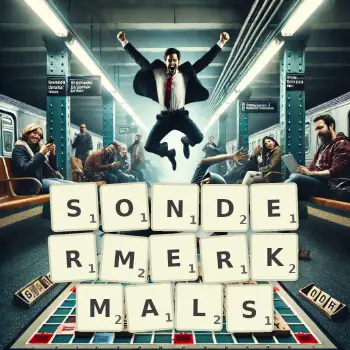 Kreative Illustration für ein Scrabble-Spiel, bei dem das Wort SONDERMERKMALS mit Steinen auf dem Brett gelegt wurde.