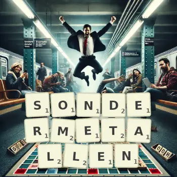 Kreative Illustration für ein Scrabble-Spiel, bei dem das Wort SONDERMETALLEN mit Steinen auf dem Brett gelegt wurde.