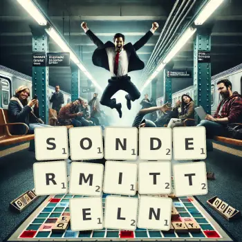 Kreative Illustration für ein Scrabble-Spiel, bei dem das Wort SONDERMITTELN mit Steinen auf dem Brett gelegt wurde.