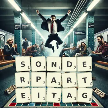 Kreative Illustration für ein Scrabble-Spiel, bei dem das Wort SONDERPARTEITAG mit Steinen auf dem Brett gelegt wurde.