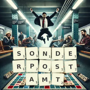 Kreative Illustration für ein Scrabble-Spiel, bei dem das Wort SONDERPOSTAMT mit Steinen auf dem Brett gelegt wurde.