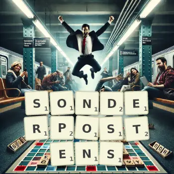 Kreative Illustration für ein Scrabble-Spiel, bei dem das Wort SONDERPOSTENS mit Steinen auf dem Brett gelegt wurde.