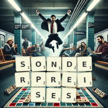 Kreative Illustration für ein Scrabble-Spiel, bei dem das Wort SONDERPREISES mit Steinen auf dem Brett gelegt wurde.