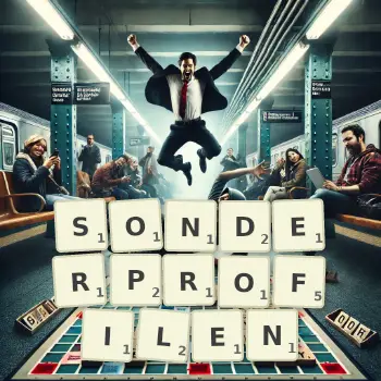 Kreative Illustration für ein Scrabble-Spiel, bei dem das Wort SONDERPROFILEN mit Steinen auf dem Brett gelegt wurde.