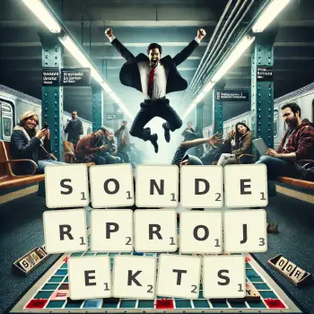 Kreative Illustration für ein Scrabble-Spiel, bei dem das Wort SONDERPROJEKTS mit Steinen auf dem Brett gelegt wurde.