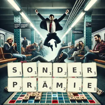 Kreative Illustration für ein Scrabble-Spiel, bei dem das Wort SONDERPRÄMIE mit Steinen auf dem Brett gelegt wurde.