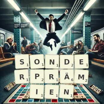 Kreative Illustration für ein Scrabble-Spiel, bei dem das Wort SONDERPRÄMIEN mit Steinen auf dem Brett gelegt wurde.