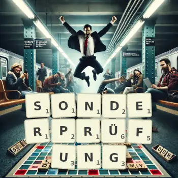 Kreative Illustration für ein Scrabble-Spiel, bei dem das Wort SONDERPRÜFUNG mit Steinen auf dem Brett gelegt wurde.