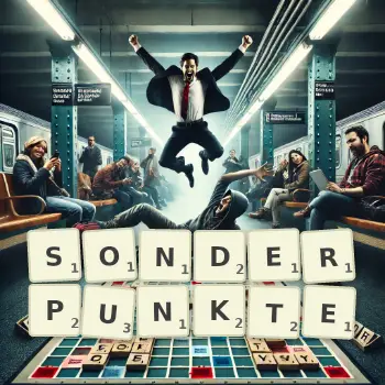 Kreative Illustration für ein Scrabble-Spiel, bei dem das Wort SONDERPUNKTE mit Steinen auf dem Brett gelegt wurde.