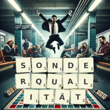 Kreative Illustration für ein Scrabble-Spiel, bei dem das Wort SONDERQUALITÄT mit Steinen auf dem Brett gelegt wurde.