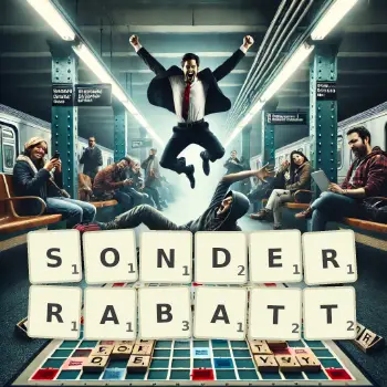 Kreative Illustration für ein Scrabble-Spiel, bei dem das Wort SONDERRABATT mit Steinen auf dem Brett gelegt wurde.