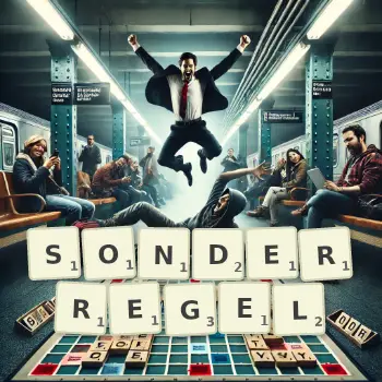 Kreative Illustration für ein Scrabble-Spiel, bei dem das Wort SONDERREGEL mit Steinen auf dem Brett gelegt wurde.