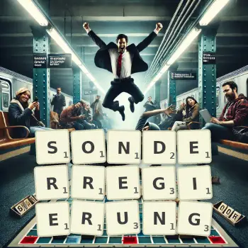 Kreative Illustration für ein Scrabble-Spiel, bei dem das Wort SONDERREGIERUNG mit Steinen auf dem Brett gelegt wurde.