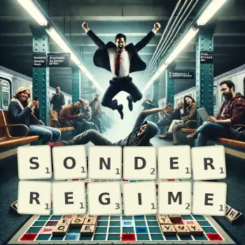 Kreative Illustration für ein Scrabble-Spiel, bei dem das Wort SONDERREGIME mit Steinen auf dem Brett gelegt wurde.