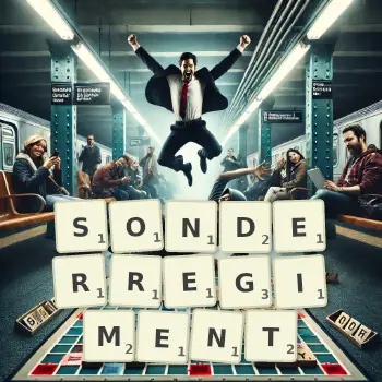 Kreative Illustration für ein Scrabble-Spiel, bei dem das Wort SONDERREGIMENT mit Steinen auf dem Brett gelegt wurde.