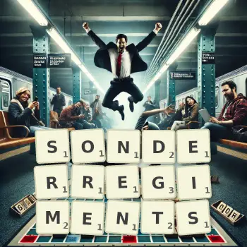 Kreative Illustration für ein Scrabble-Spiel, bei dem das Wort SONDERREGIMENTS mit Steinen auf dem Brett gelegt wurde.