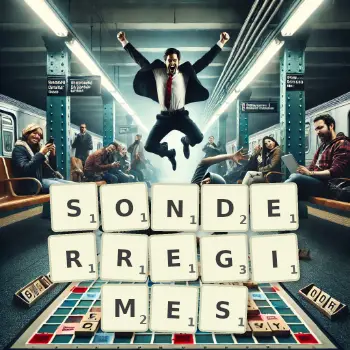 Kreative Illustration für ein Scrabble-Spiel, bei dem das Wort SONDERREGIMES mit Steinen auf dem Brett gelegt wurde.