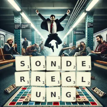 Kreative Illustration für ein Scrabble-Spiel, bei dem das Wort SONDERREGLUNG mit Steinen auf dem Brett gelegt wurde.