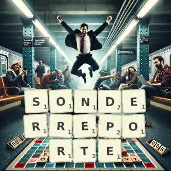 Kreative Illustration für ein Scrabble-Spiel, bei dem das Wort SONDERREPORTE mit Steinen auf dem Brett gelegt wurde.