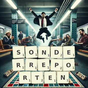 Kreative Illustration für ein Scrabble-Spiel, bei dem das Wort SONDERREPORTEN mit Steinen auf dem Brett gelegt wurde.