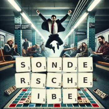 Kreative Illustration für ein Scrabble-Spiel, bei dem das Wort SONDERSCHEIBE mit Steinen auf dem Brett gelegt wurde.