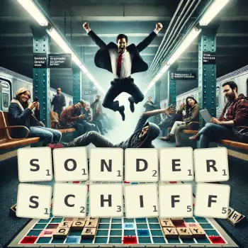 Kreative Illustration für ein Scrabble-Spiel, bei dem das Wort SONDERSCHIFF mit Steinen auf dem Brett gelegt wurde.