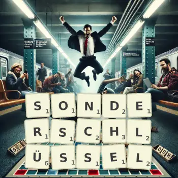 Kreative Illustration für ein Scrabble-Spiel, bei dem das Wort SONDERSCHLÜSSEL mit Steinen auf dem Brett gelegt wurde.