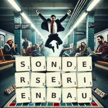 Kreative Illustration für ein Scrabble-Spiel, bei dem das Wort SONDERSERIENBAU mit Steinen auf dem Brett gelegt wurde.