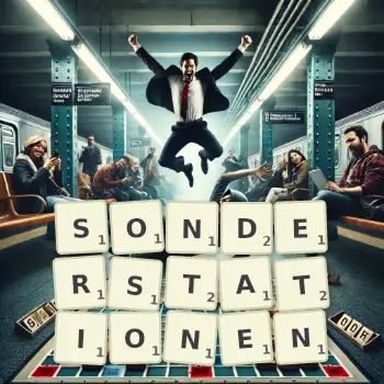 Kreative Illustration für ein Scrabble-Spiel, bei dem das Wort SONDERSTATIONEN mit Steinen auf dem Brett gelegt wurde.