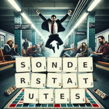 Kreative Illustration für ein Scrabble-Spiel, bei dem das Wort SONDERSTATUTES mit Steinen auf dem Brett gelegt wurde.