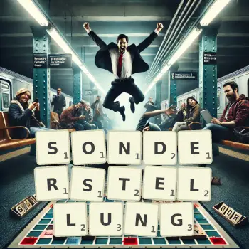 Kreative Illustration für ein Scrabble-Spiel, bei dem das Wort SONDERSTELLUNG mit Steinen auf dem Brett gelegt wurde.