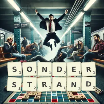 Kreative Illustration für ein Scrabble-Spiel, bei dem das Wort SONDERSTRAND mit Steinen auf dem Brett gelegt wurde.