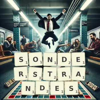 Kreative Illustration für ein Scrabble-Spiel, bei dem das Wort SONDERSTRANDES mit Steinen auf dem Brett gelegt wurde.