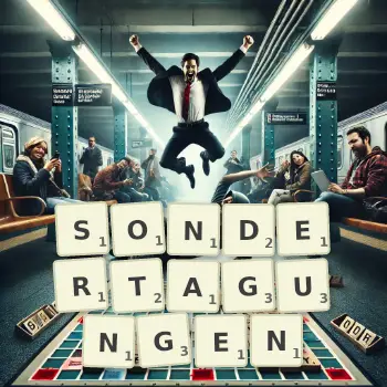 Kreative Illustration für ein Scrabble-Spiel, bei dem das Wort SONDERTAGUNGEN mit Steinen auf dem Brett gelegt wurde.