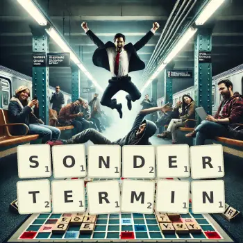 Kreative Illustration für ein Scrabble-Spiel, bei dem das Wort SONDERTERMIN mit Steinen auf dem Brett gelegt wurde.