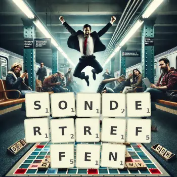 Kreative Illustration für ein Scrabble-Spiel, bei dem das Wort SONDERTREFFEN mit Steinen auf dem Brett gelegt wurde.