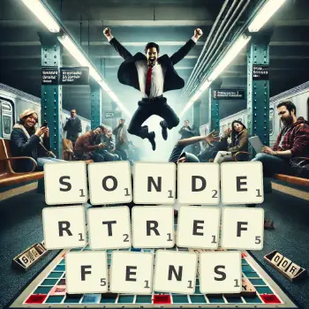 Kreative Illustration für ein Scrabble-Spiel, bei dem das Wort SONDERTREFFENS mit Steinen auf dem Brett gelegt wurde.