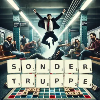 Kreative Illustration für ein Scrabble-Spiel, bei dem das Wort SONDERTRUPPE mit Steinen auf dem Brett gelegt wurde.