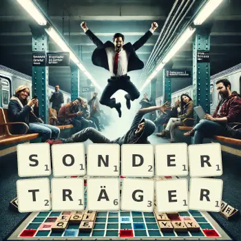 Kreative Illustration für ein Scrabble-Spiel, bei dem das Wort SONDERTRÄGER mit Steinen auf dem Brett gelegt wurde.
