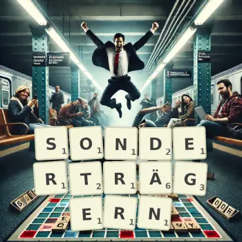 Kreative Illustration für ein Scrabble-Spiel, bei dem das Wort SONDERTRÄGERN mit Steinen auf dem Brett gelegt wurde.