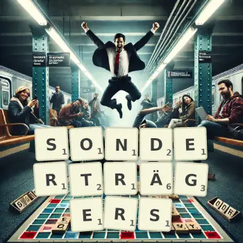 Kreative Illustration für ein Scrabble-Spiel, bei dem das Wort SONDERTRÄGERS mit Steinen auf dem Brett gelegt wurde.