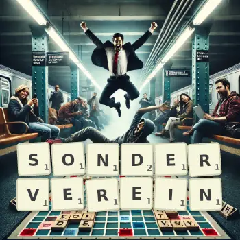 Kreative Illustration für ein Scrabble-Spiel, bei dem das Wort SONDERVEREIN mit Steinen auf dem Brett gelegt wurde.