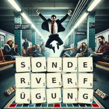 Kreative Illustration für ein Scrabble-Spiel, bei dem das Wort SONDERVERFÜGUNG mit Steinen auf dem Brett gelegt wurde.