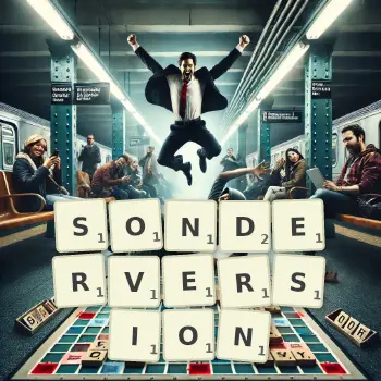 Kreative Illustration für ein Scrabble-Spiel, bei dem das Wort SONDERVERSION mit Steinen auf dem Brett gelegt wurde.